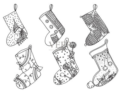一套圣誕襪。矢量程式化的冬天襪子的集合。一整套裝飾圣誕絲襪。手工繪制的黑色和白色。涂鴉藝術矢量圖素材下載 - Veer圖庫